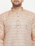 Vastramay Men's Beige Matka Silk Kurta and Black Pant Style Pyjama Set